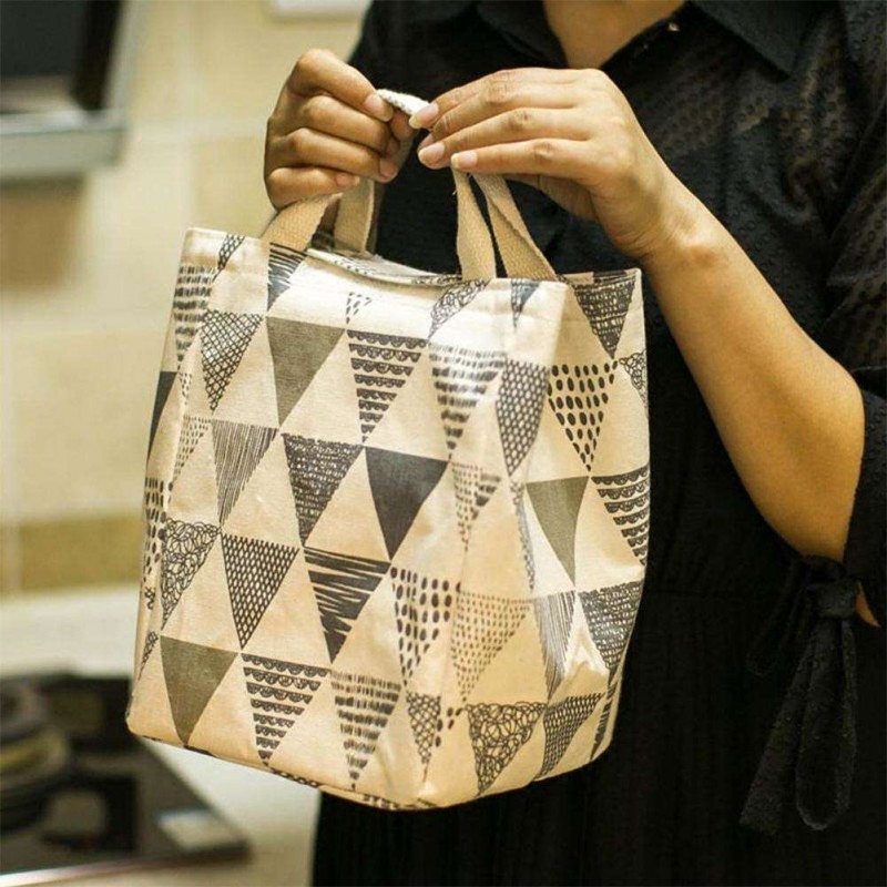 Geometry Cotton Linen Waterproof Lunch Bag Thermal Insulation Bento Pouch