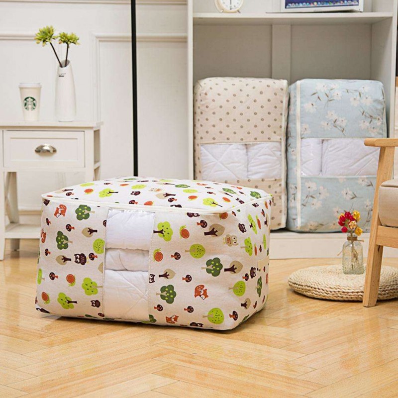 Cotton Linen Portable Quilt Storage Bag Clothing Blanket Closet Organizer(A