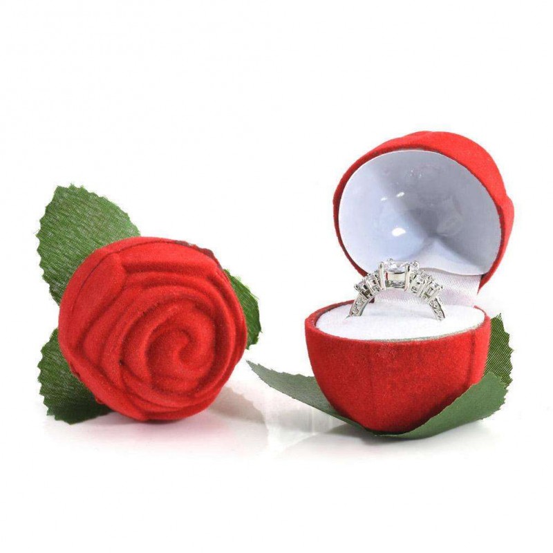 Rose Flower Flocking Ring Box Holder Wedding Valentine Gift Packing Case