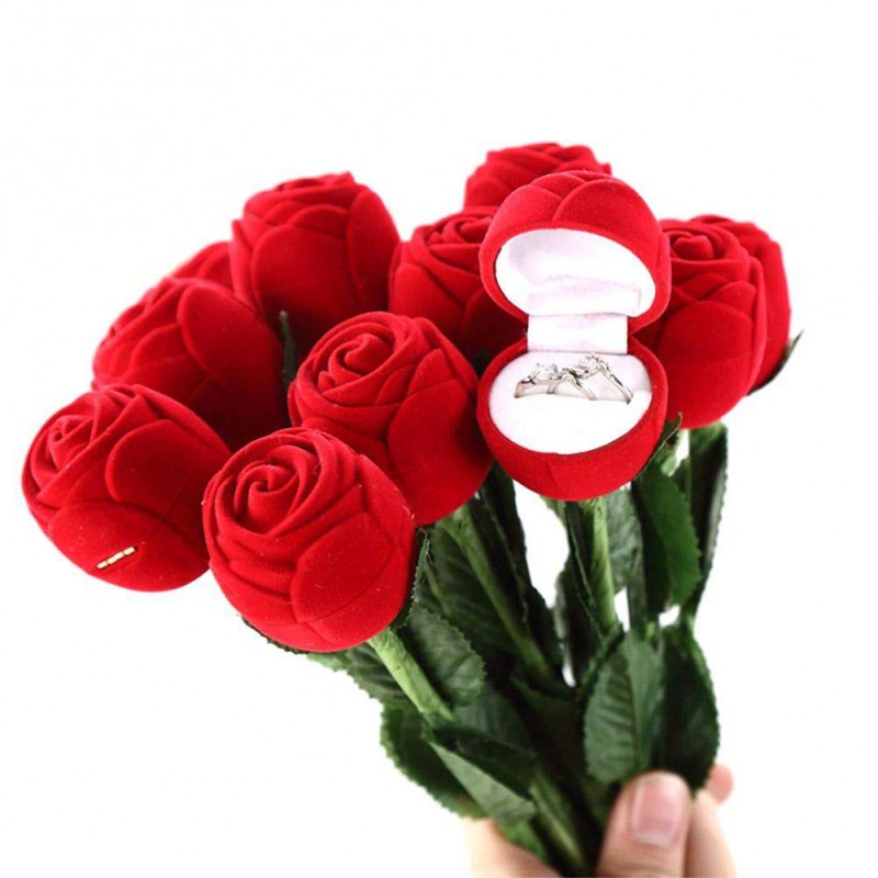 Rose Flower Flocking Ring Box Holder Wedding Valentine Gift Packing Case