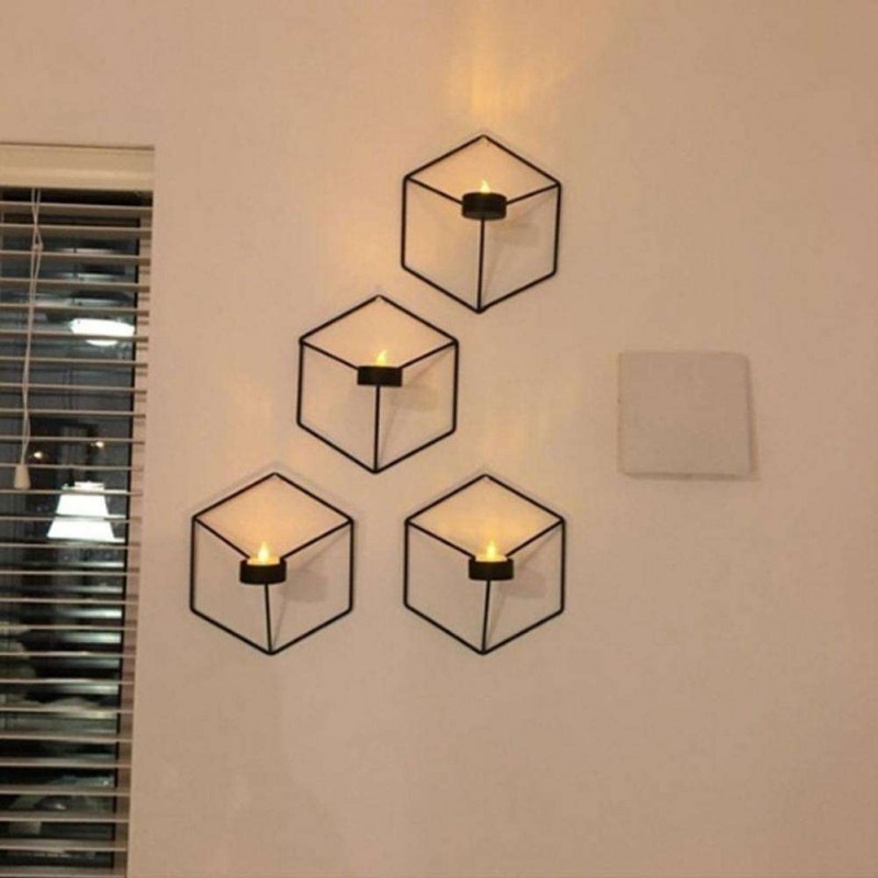 Geometric Candlestick Metal Wall Tealight Candle Holder Home Decor (Black)